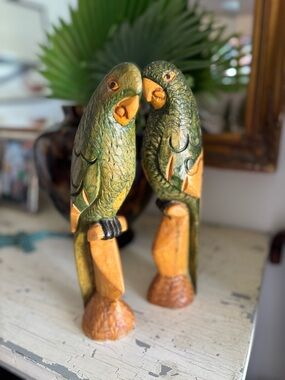 Vintage Wooden Parrot Hand Carved Hand Painted Amazon Green Parrots